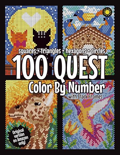 100 QUEST Color By Number: Squares + Triangles + Hexagons + Circles (BLACK backgrounds): color quest activity book for adults