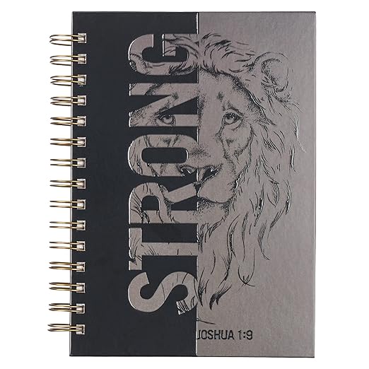 Christian Art Gifts Journal w/Scripture Strong Lion Joshua 1:9, Black and Gray 192 Ruled Pages, Large Hardcover Notebook, Wire Bound