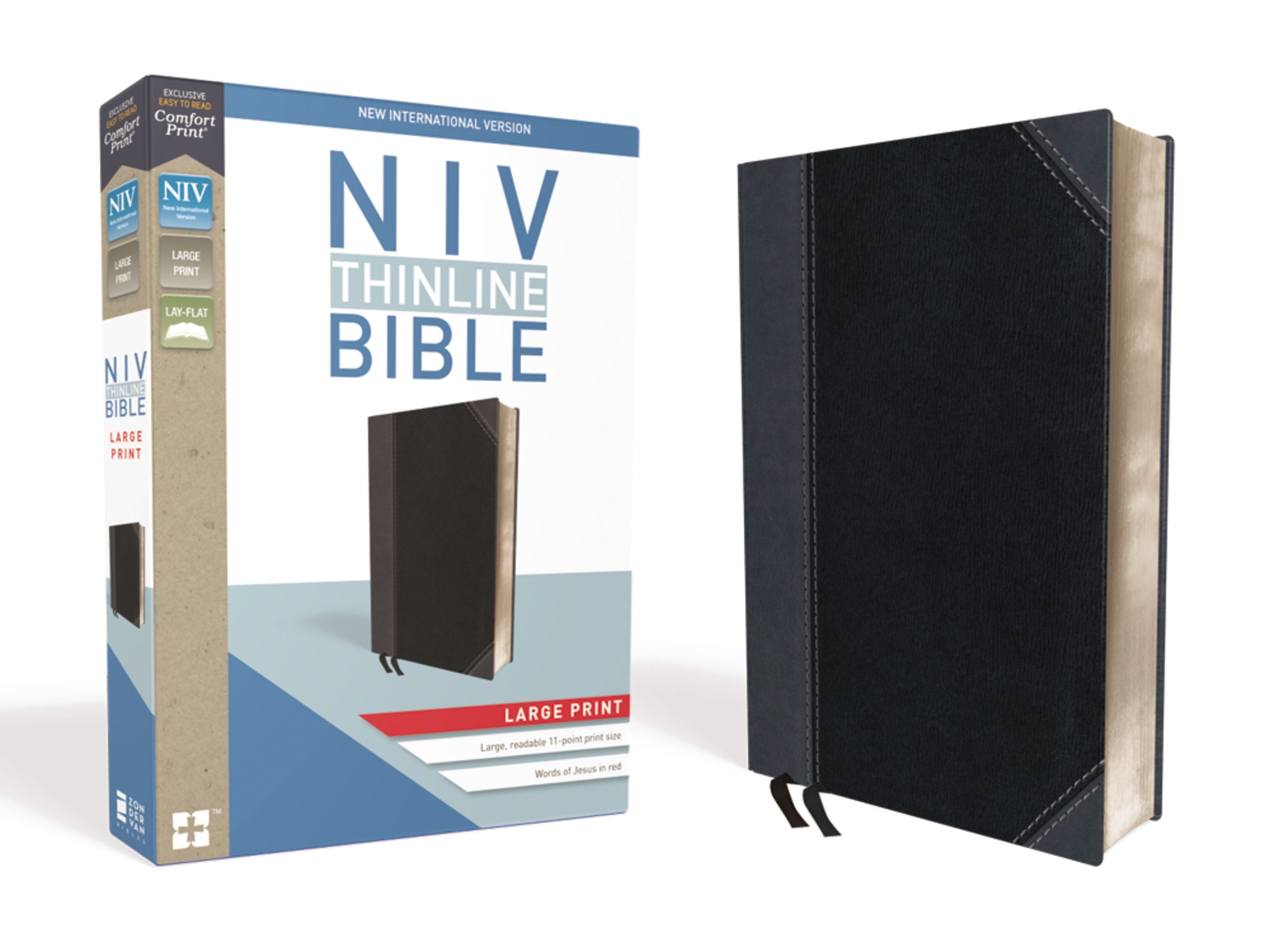 NIV, Thinline Bible, Large Print, Leathersoft, Black/Gray, Red Letter, Comfort Print  (Large type / large print)