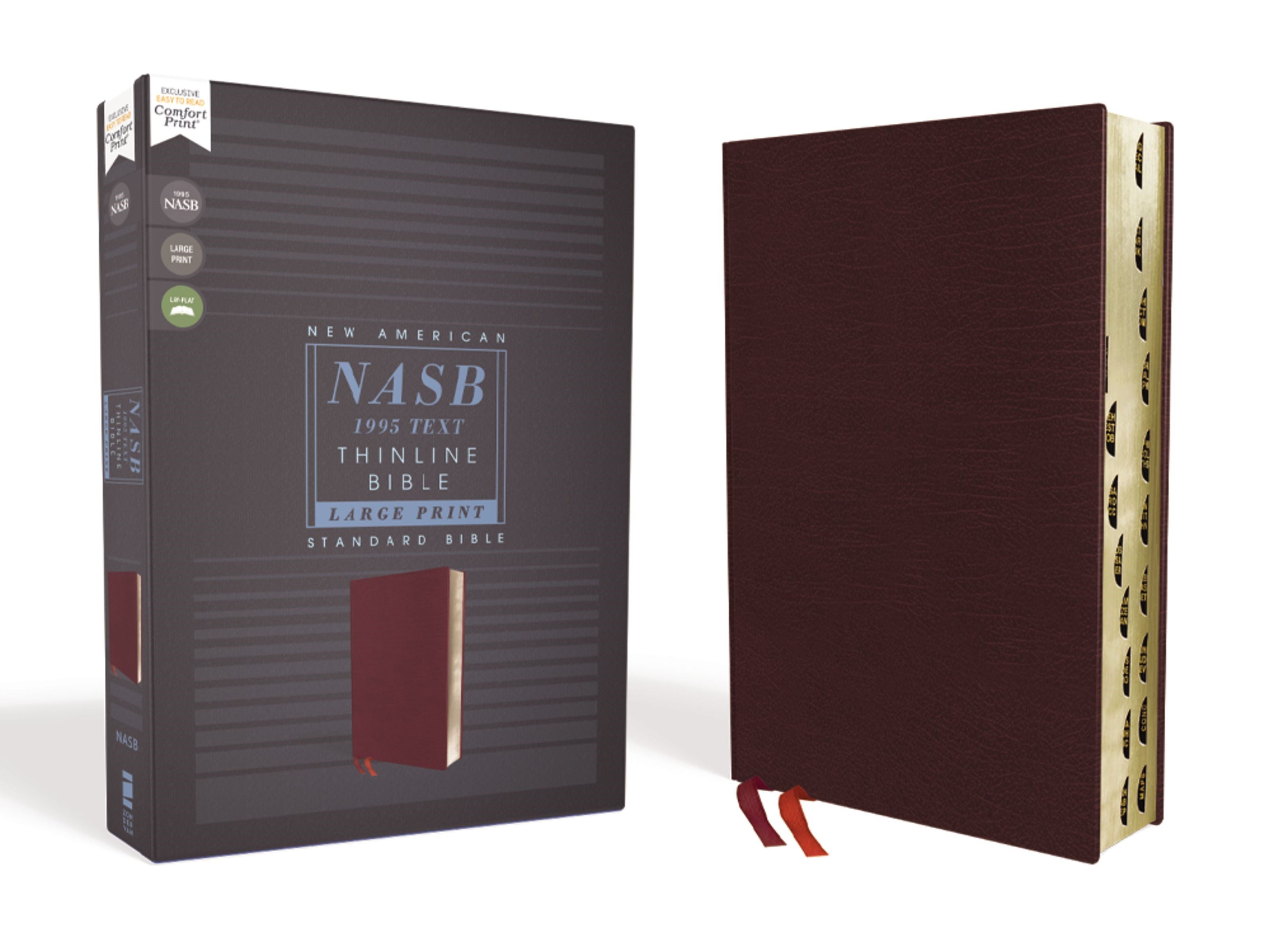 NASB, Thinline Bible, Large Print, Bonded Leather, Burgundy, Red Letter, 1995 Text, Thumb Indexed, Comfort Print  (Large type / large print)