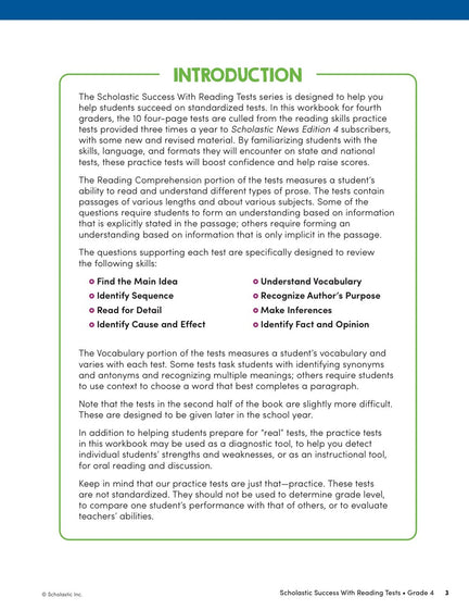 Scholastic Success with Reading Tests Grade 4 Workbook