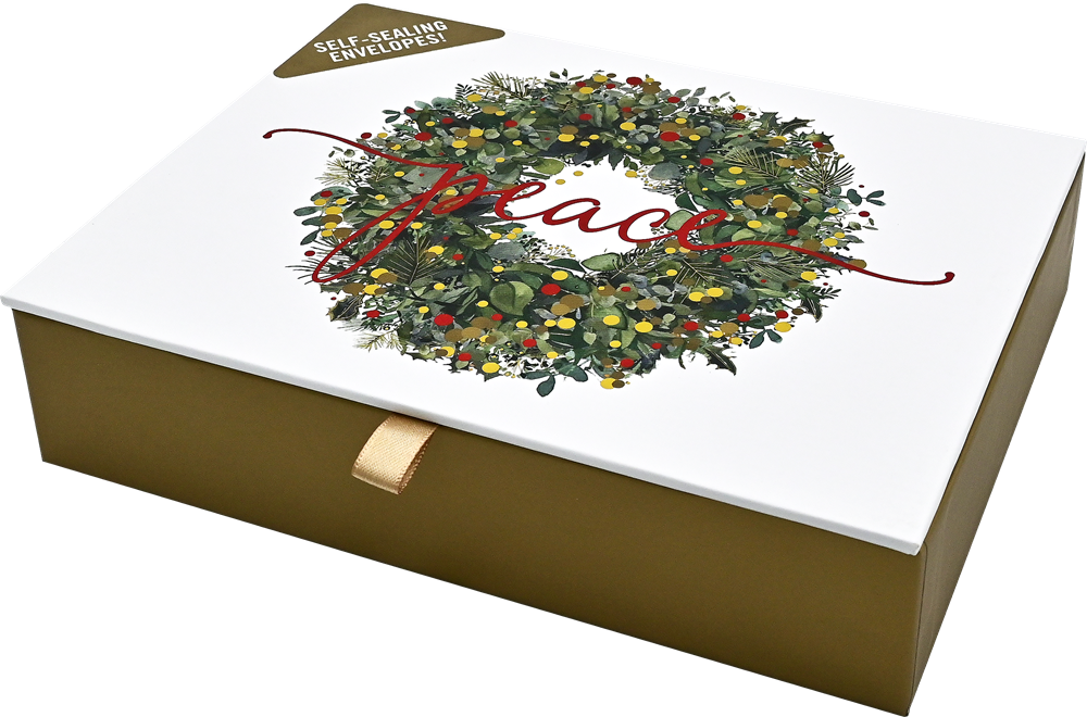 Wreath of Peace Deluxe Boxed Holiday Cards (20 cards, 21 self-sealing envelopes)