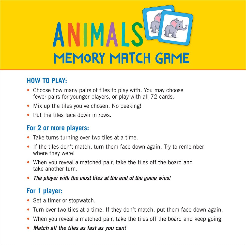 Animals Memory Match Game (Set of 72 cards)