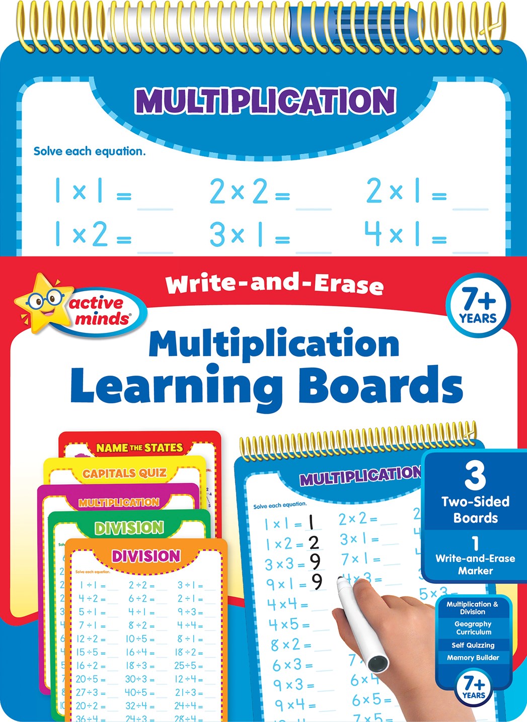 Active Minds - Write-and-Erase - Wipe Clean Learning Boards Ages 7+ - Multiplication, Division, USA States and Capitals