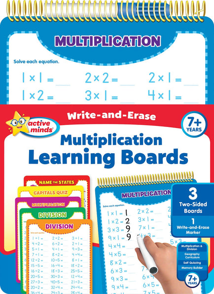 Active Minds - Write-and-Erase - Wipe Clean Learning Boards Ages 7+ - Multiplication, Division, USA States and Capitals